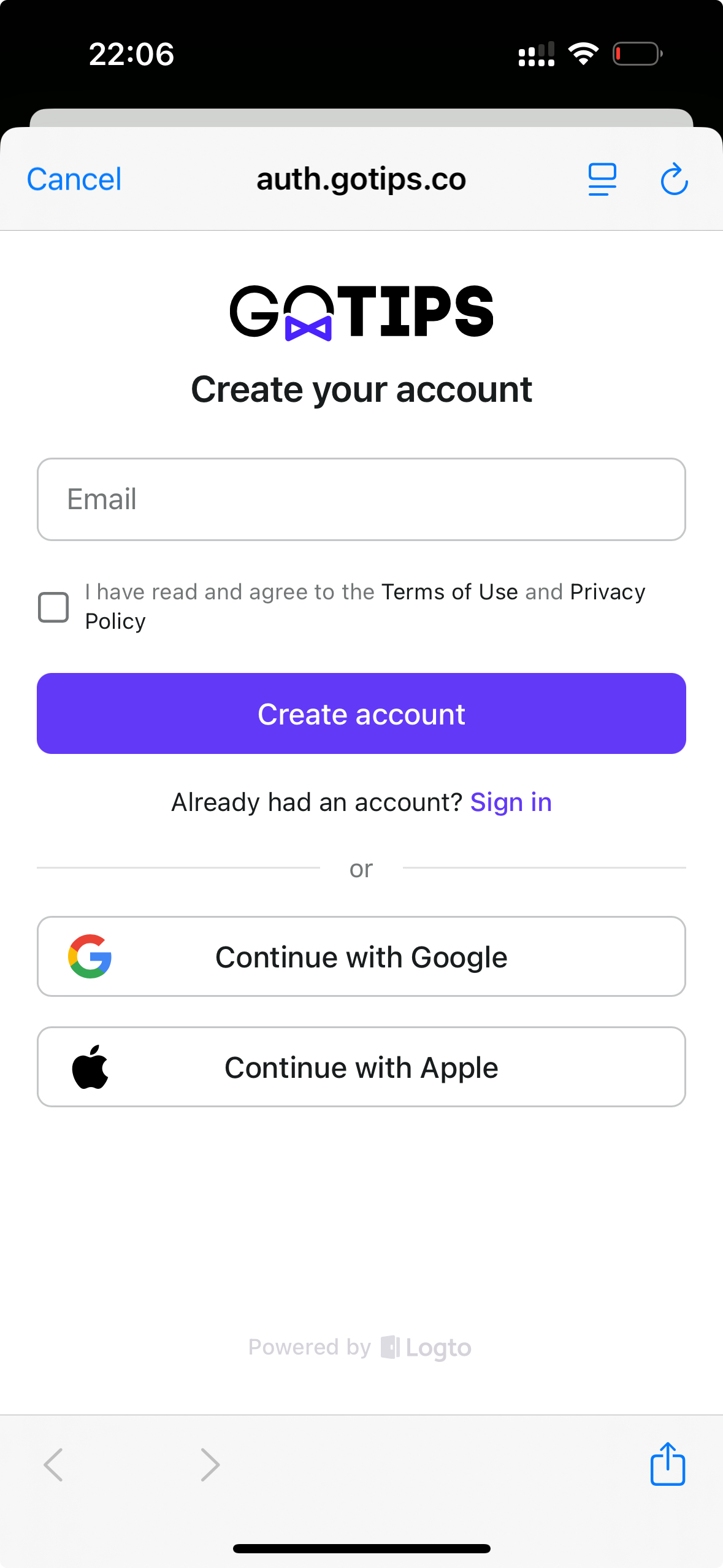 Sign up screen
