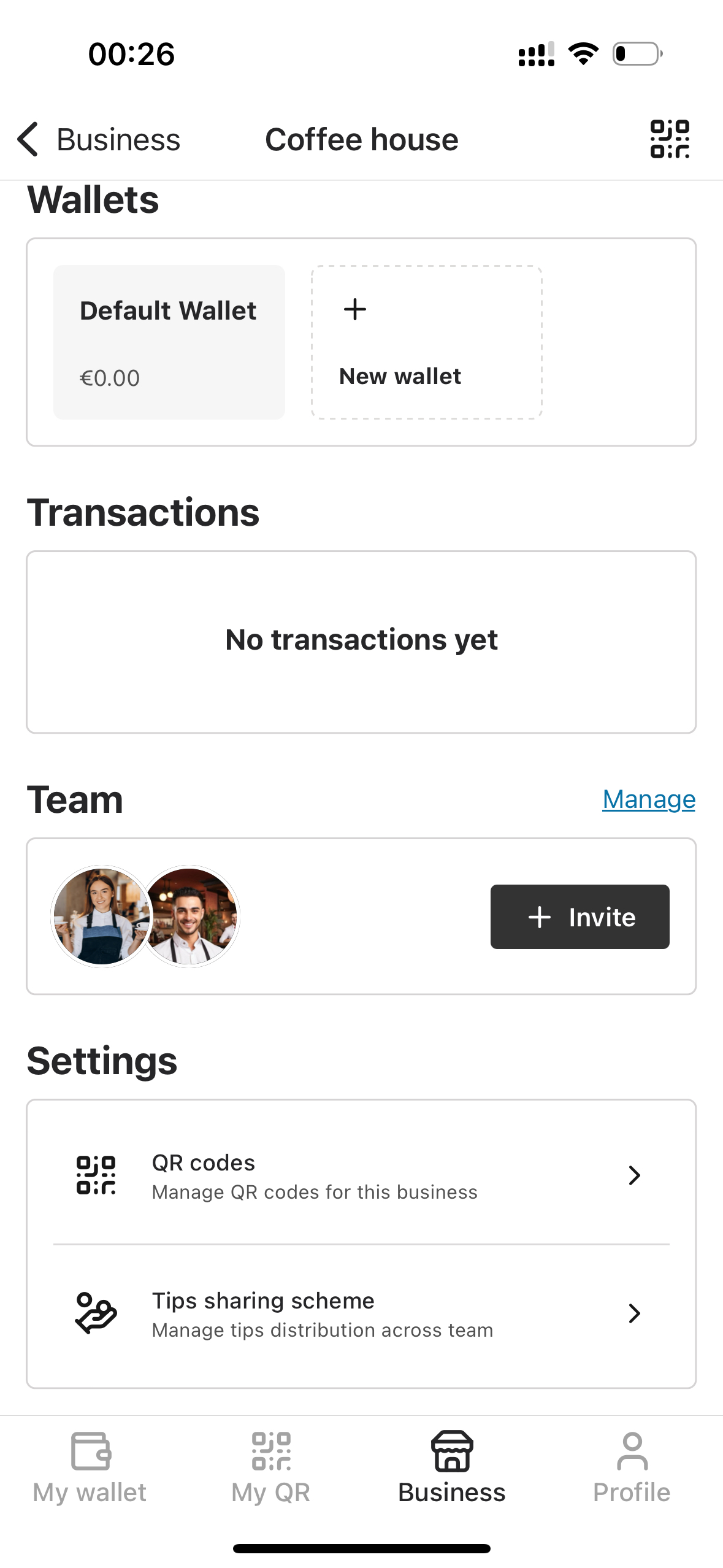 QR codes menu in Settings section